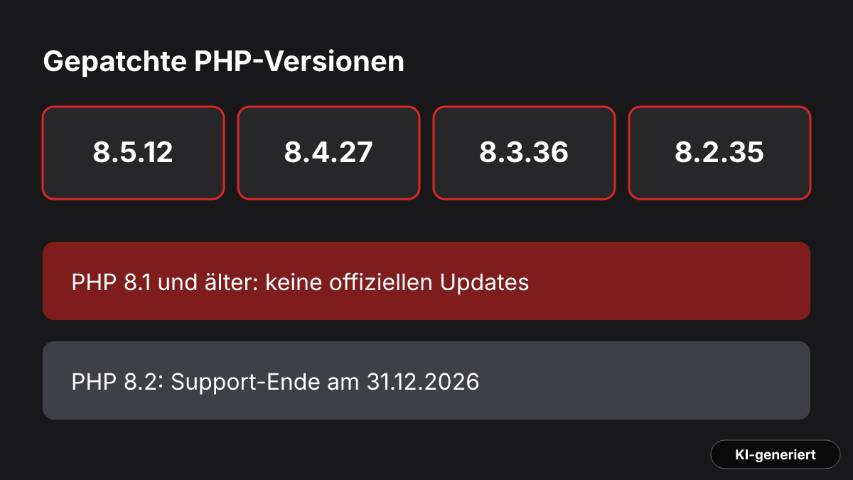 Übersicht der gepatchten PHP-Versionen 8.5.12, 8.4.27, 8.3.36 und 8.2.35 sowie der Hinweis auf fehlende Updates für PHP 8.1 und älter.