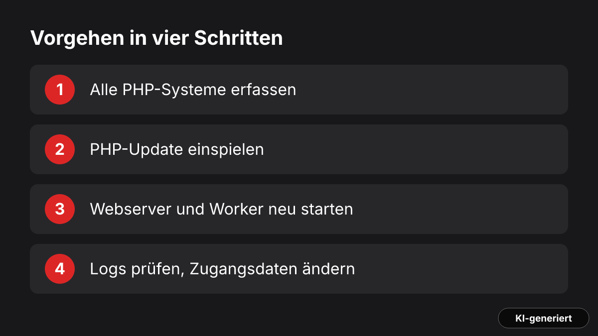 Vier Schritte: PHP-Systeme erfassen, Update einspielen, Webserver und Worker neu starten, Logs prüfen und Zugangsdaten ändern.